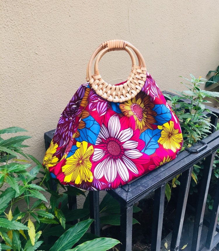 Prisca 'Boho' rattan African bag, patches bag, 100% cotton, African prints, patches ankara bag
