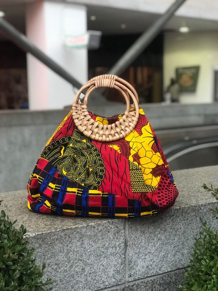 Prisca 'Boho' rattan African bag, patches bag, 100% cotton, African prints, patches ankara bag