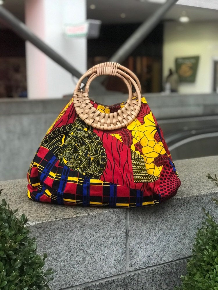 Prisca 'Boho' rattan African bag, patches bag, 100% cotton, African prints, patches ankara bag