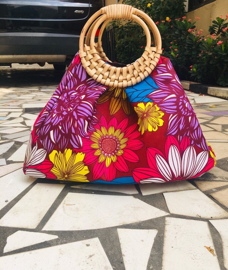 Prisca 'Boho' rattan African bag, patches bag, 100% cotton, African prints, patches ankara bag