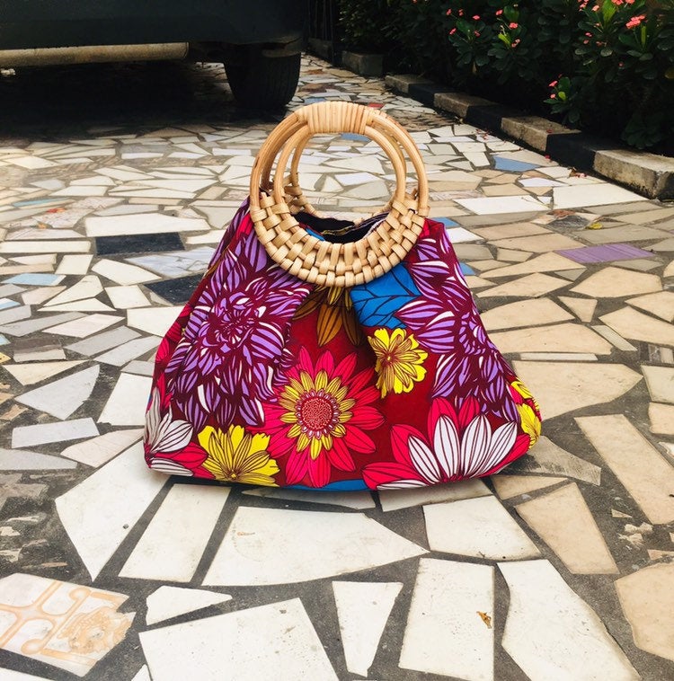 Prisca 'Boho' rattan African bag, patches bag, 100% cotton, African prints, patches ankara bag