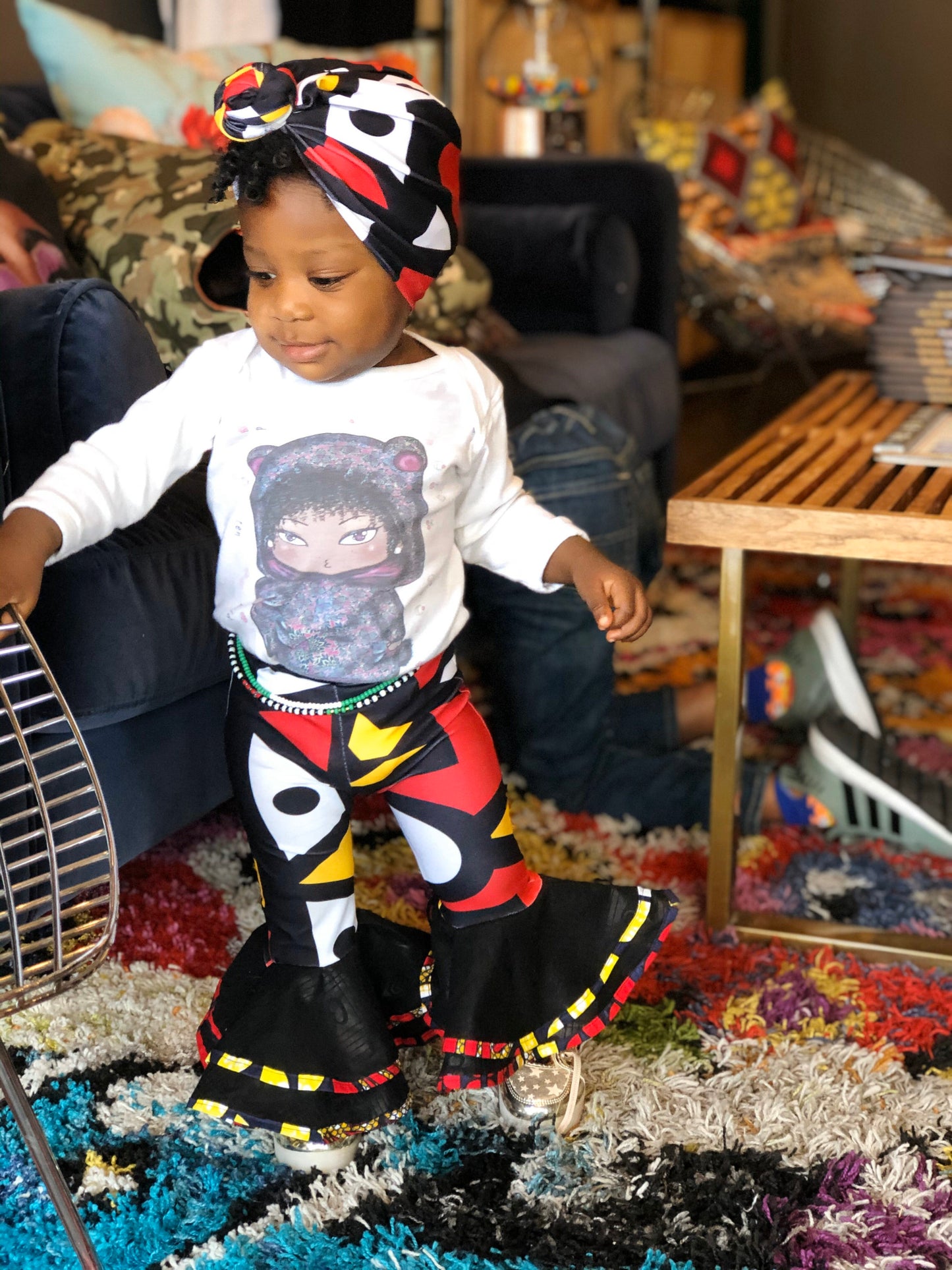 Zizi Fela-like baby girl bell-bottom pants and headwrap set