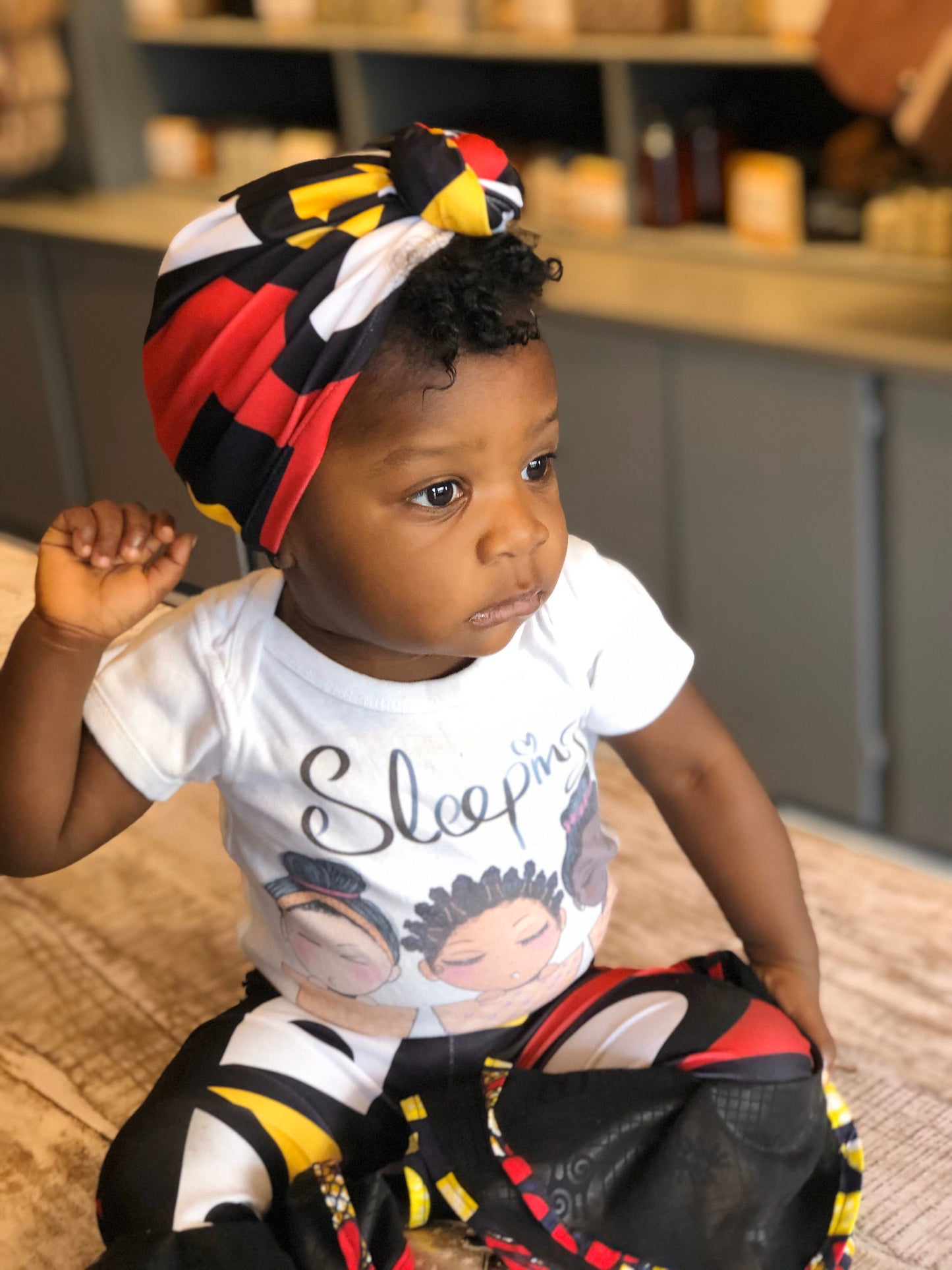Zizi Fela-like baby girl bell-bottom pants and headwrap set
