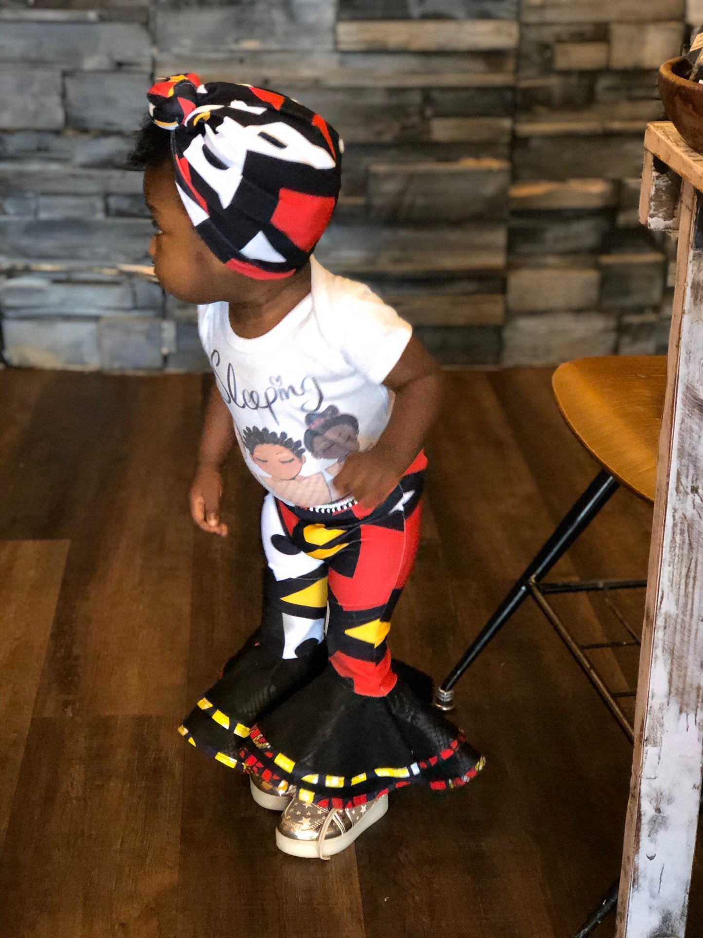 Zizi Fela-like baby girl bell-bottom pants and headwrap set