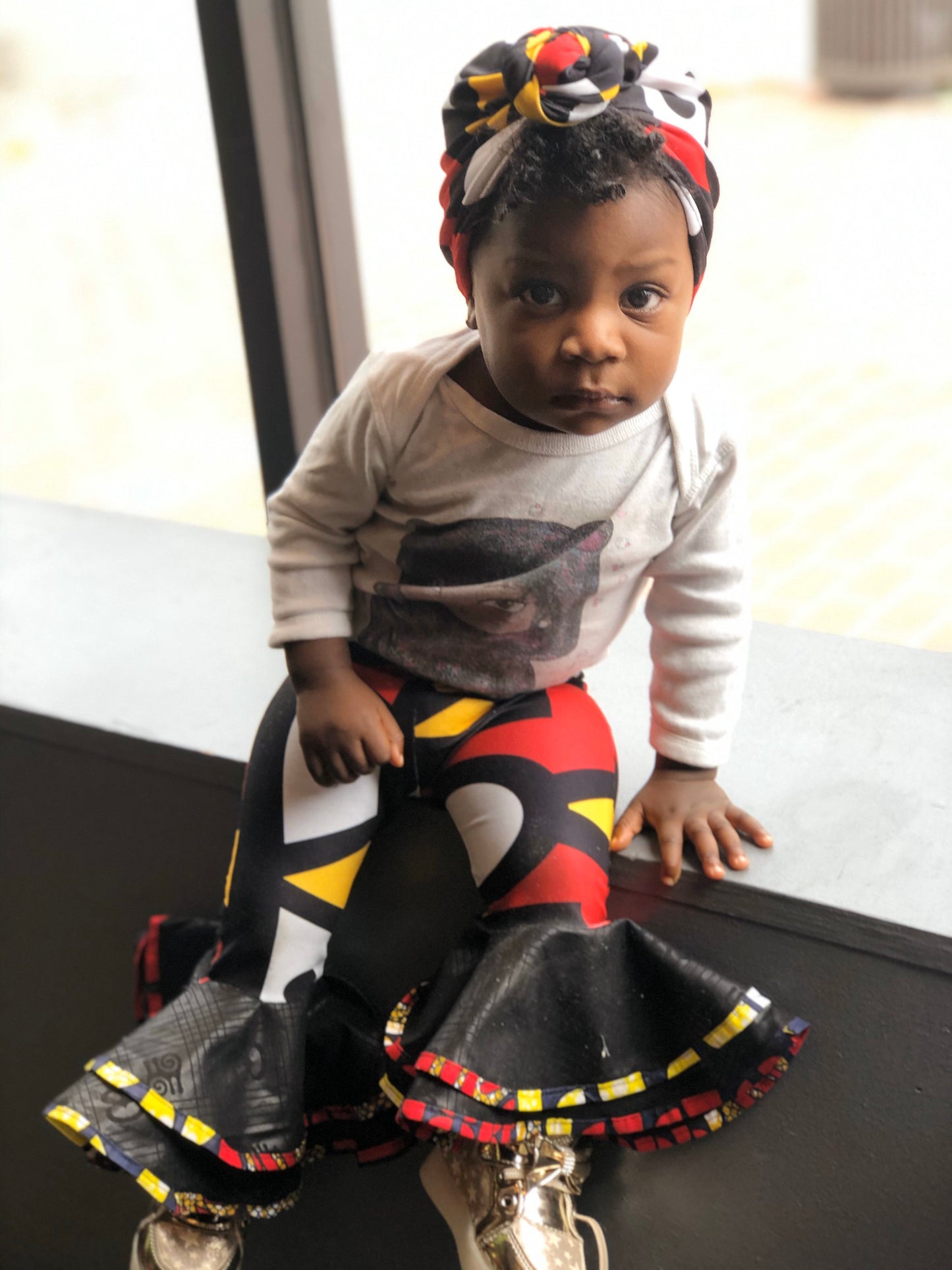 Zizi Fela-like baby girl bell-bottom pants and headwrap set