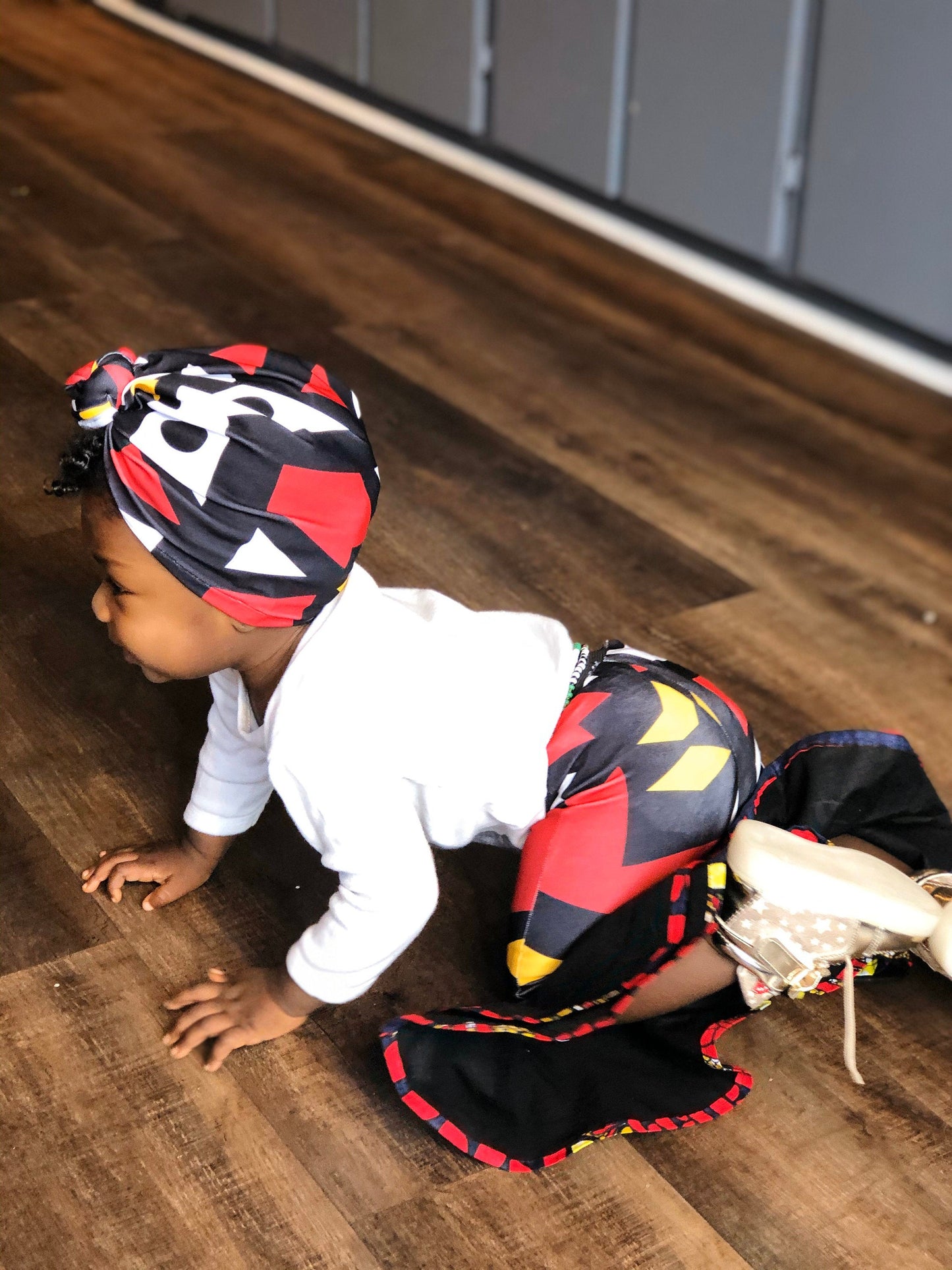 Zizi Fela-like baby girl bell-bottom pants and headwrap set