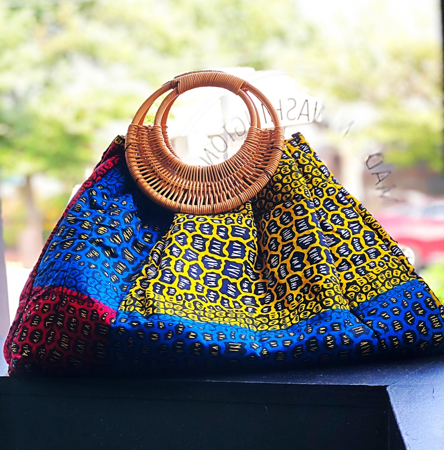 Prisca 'Boho' rattan African bag, patches bag, 100% cotton, African prints, patches ankara bag