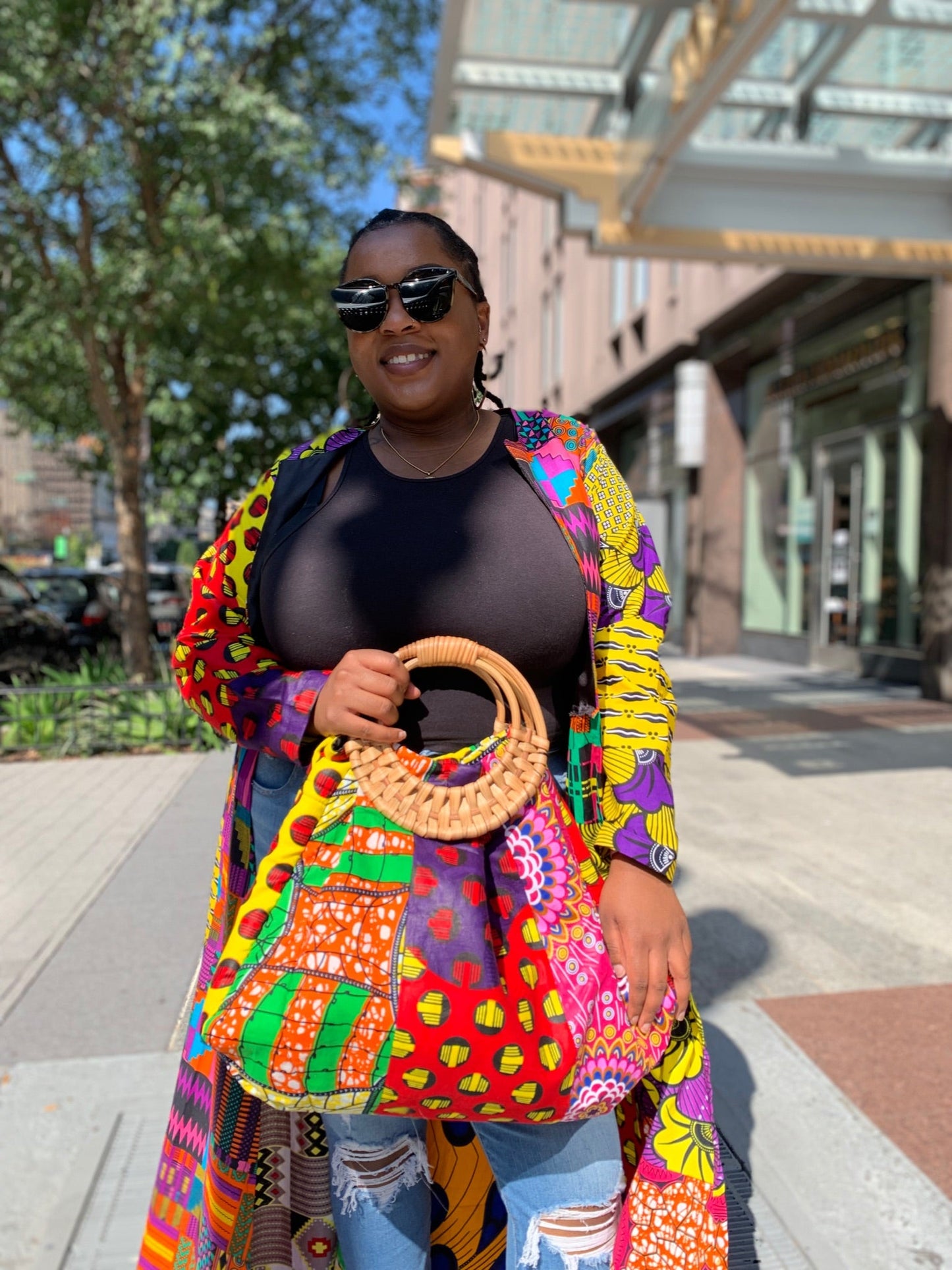 Prisca 'Boho' rattan African bag, patches bag, 100% cotton, African prints, patches ankara bag