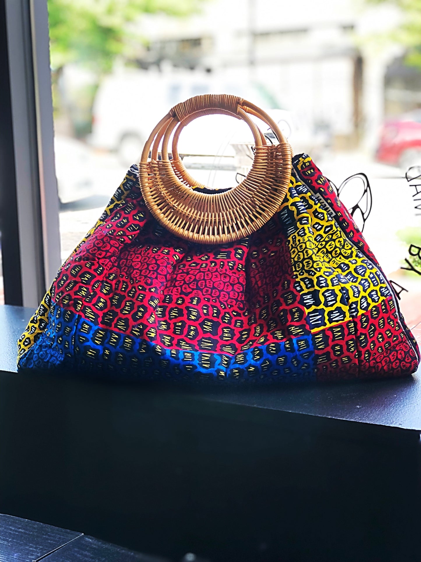 Prisca 'Boho' rattan African bag, patches bag, 100% cotton, African prints, patches ankara bag