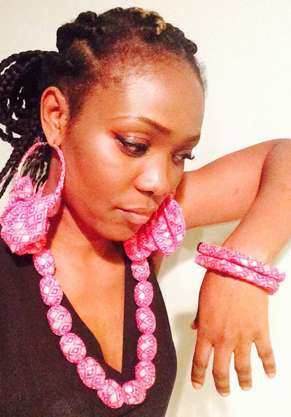 Unique Gold pink Ankara Print jewelry sets- Necklace, bracelet & earrings