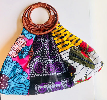 Prisca 'Boho' rattan African bag, patches bag, 100% cotton, African prints, patches ankara bag