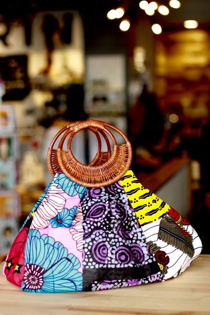 Prisca 'Boho' rattan African bag, patches bag, 100% cotton, African prints, patches ankara bag