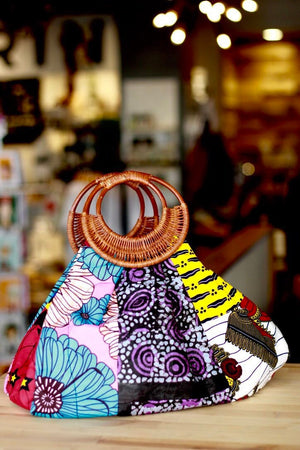 Prisca 'Boho' rattan African bag, patches bag, 100% cotton, African prints, patches ankara bag