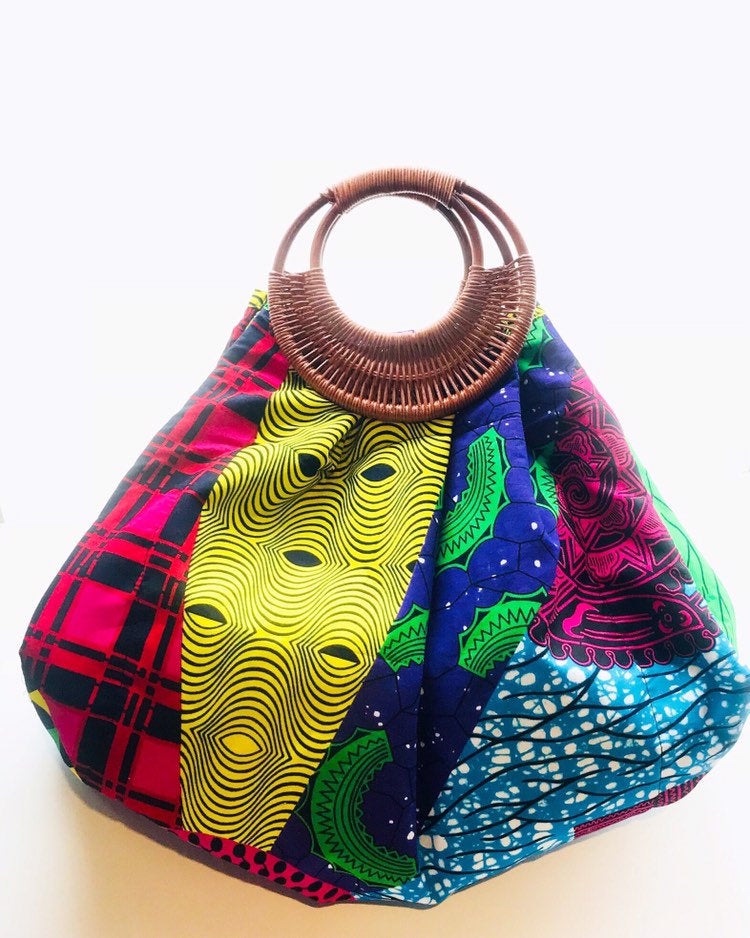 Prisca 'Boho' rattan African bag, patches bag, 100% cotton, African prints, patches ankara bag