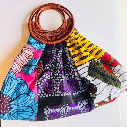 Prisca 'Boho' rattan African bag, patches bag, 100% cotton, African prints, patches ankara bag