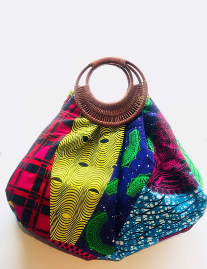Prisca 'Boho' rattan African bag, patches bag, 100% cotton, African prints, patches ankara bag